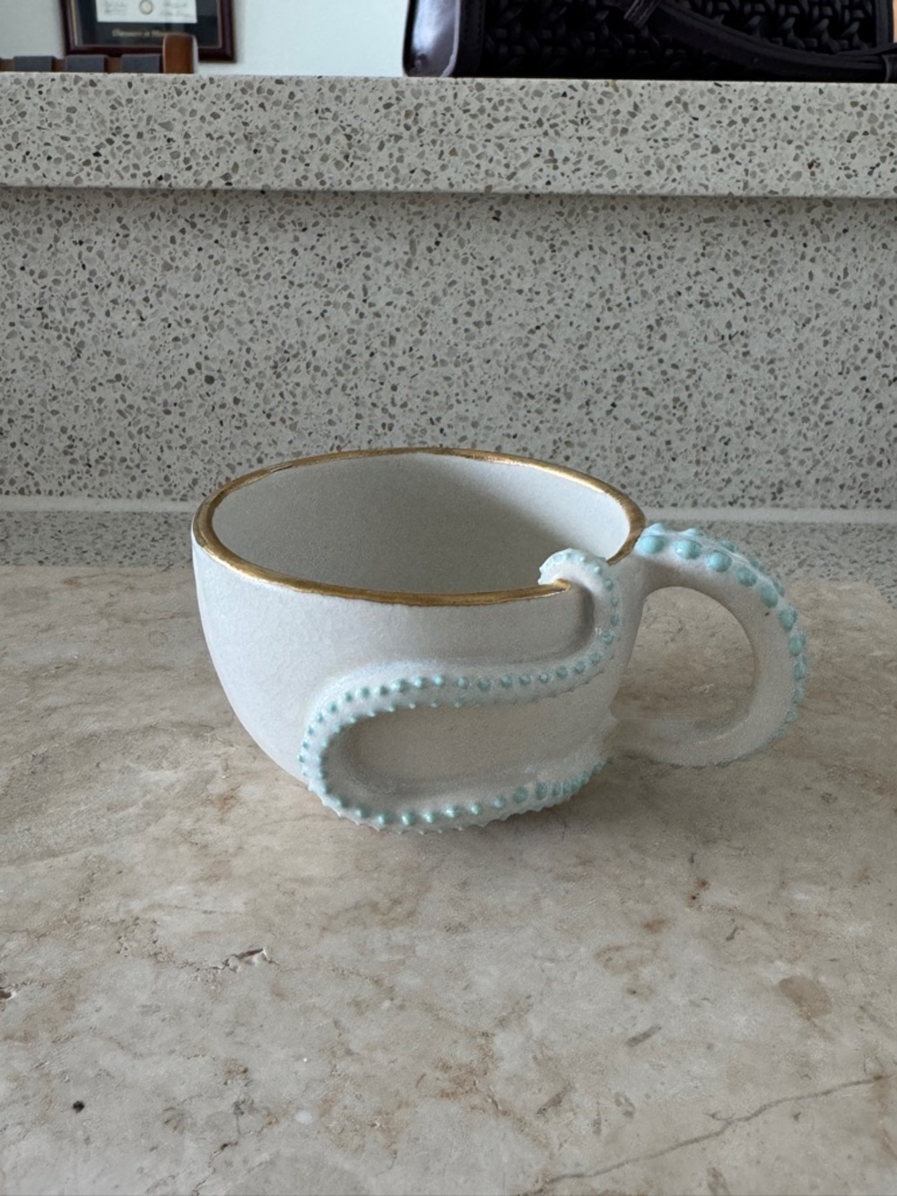 Pottery Octopus Tentacle Handle Ceramic Mug with Gold Rim